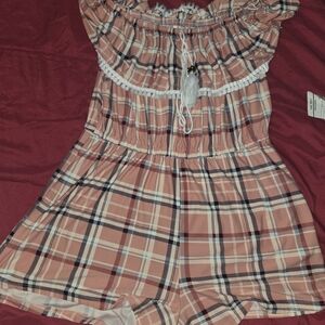 Off-Shoulder Plaid Romper in Peach